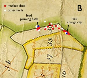 Section of historic map showing cluster of finds on field boundary