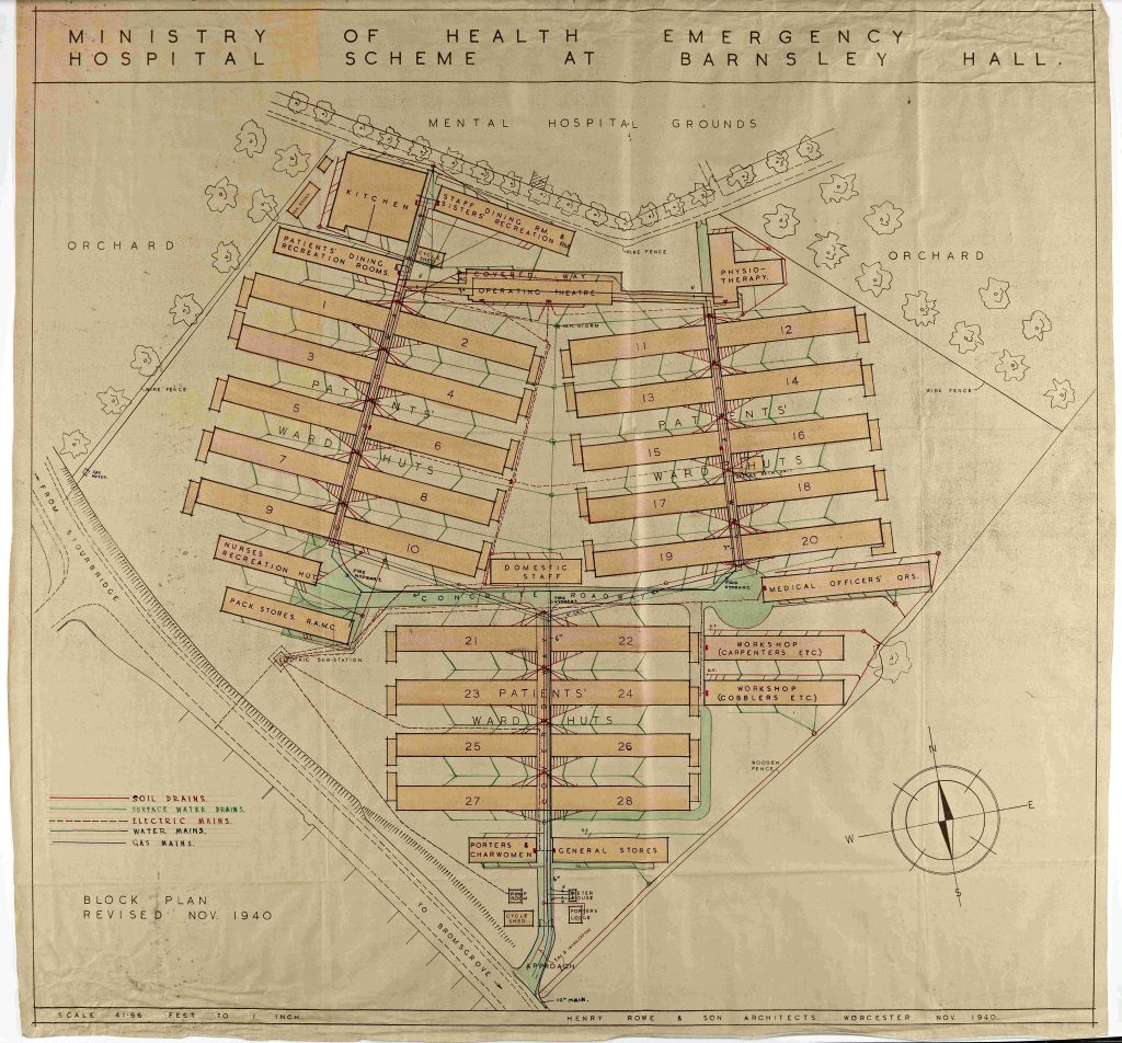 Coloured plan of proposed Ministry of Health Hospital Scheme at Barnsley Hall, Bromsgrove dated 1940