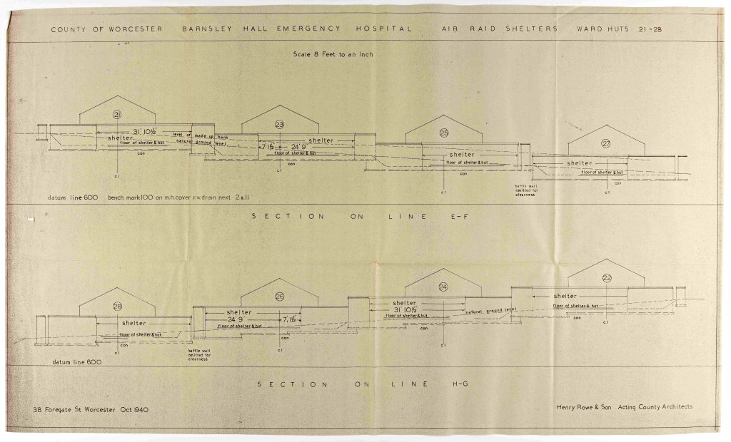 Black and white plan of proposed Ministry of Health Hospital Scheme including Air Raid Shelters at Barnsley Hall, Bromsgrove dated 1940