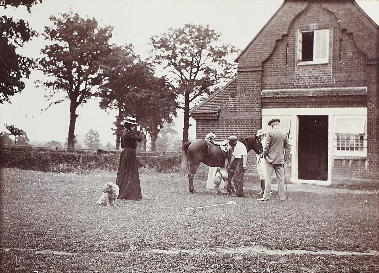 Black and white photograph of a group of people standing around a horse outside by a building