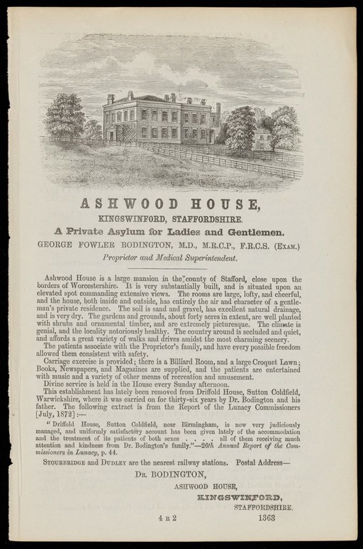 Printed advert with line drawing above of a country house