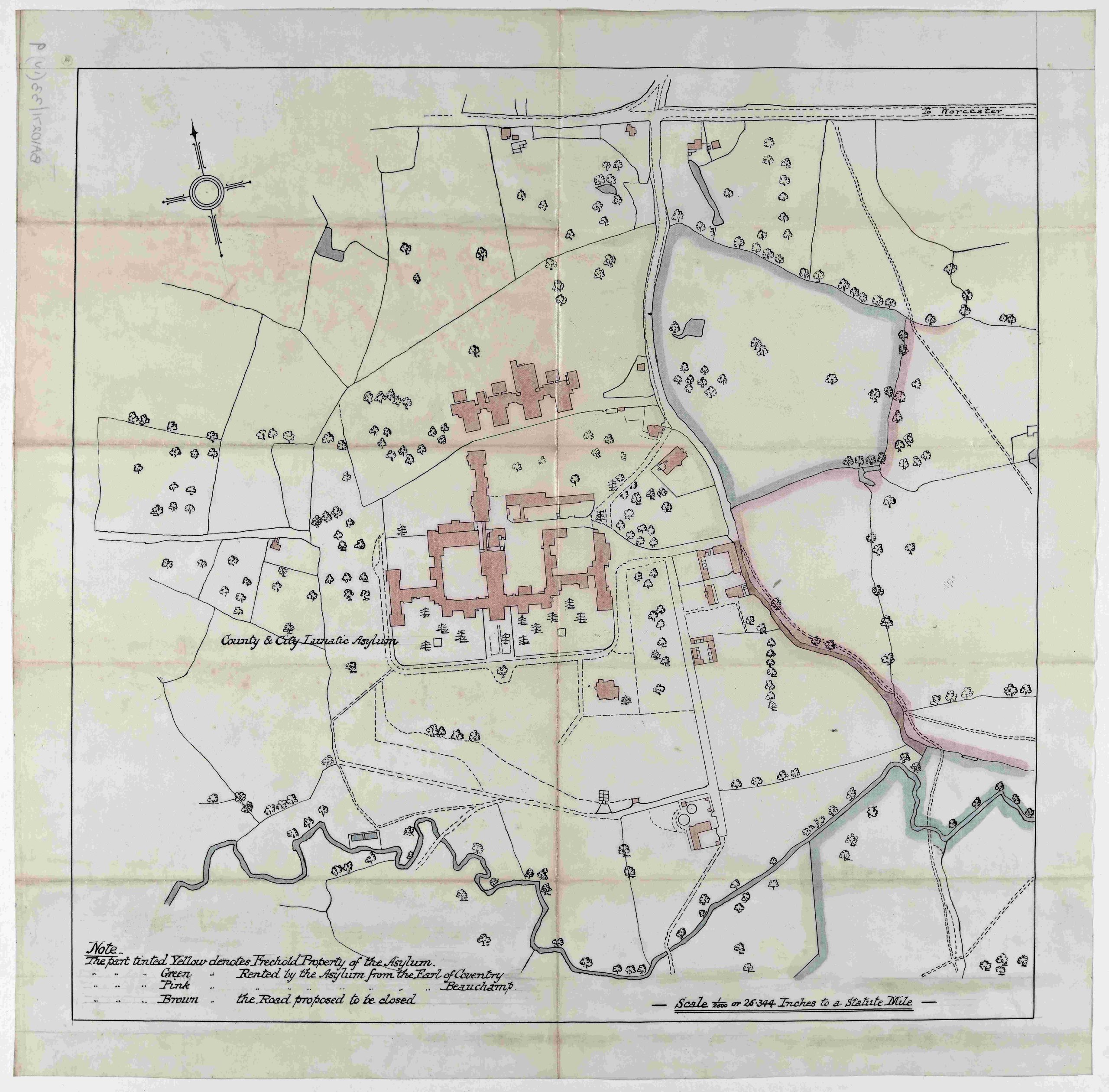 Powick asylum map with buildings marked in pink