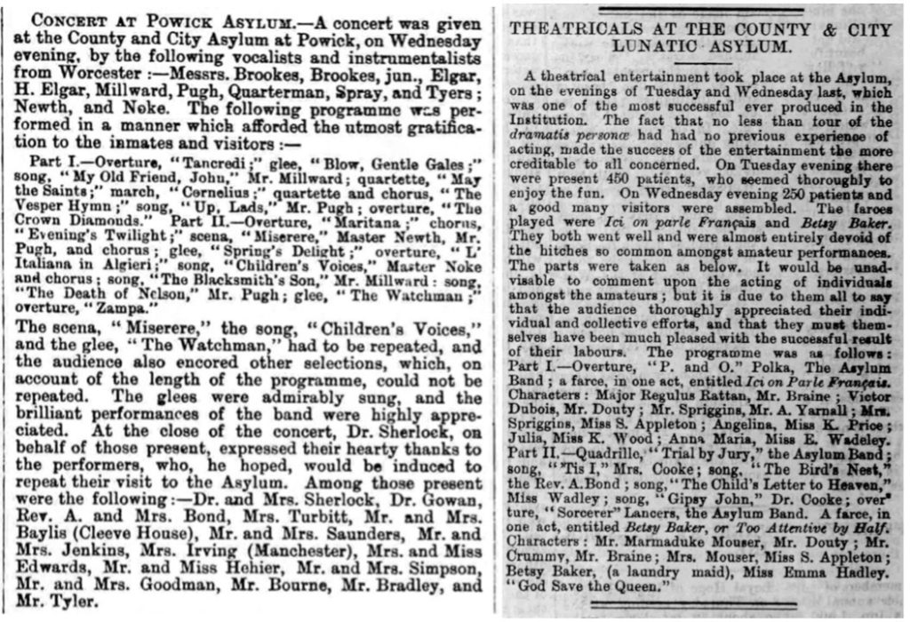 Newspaper articles which detail a Concert at Powick Asylum which mention the Elgar family in the Berrow’s Worcester Journal dated 19th April 1873 and another which mentions the Asylum Band in The Worcester Herald dated 11th August 1884 © Newsquest
