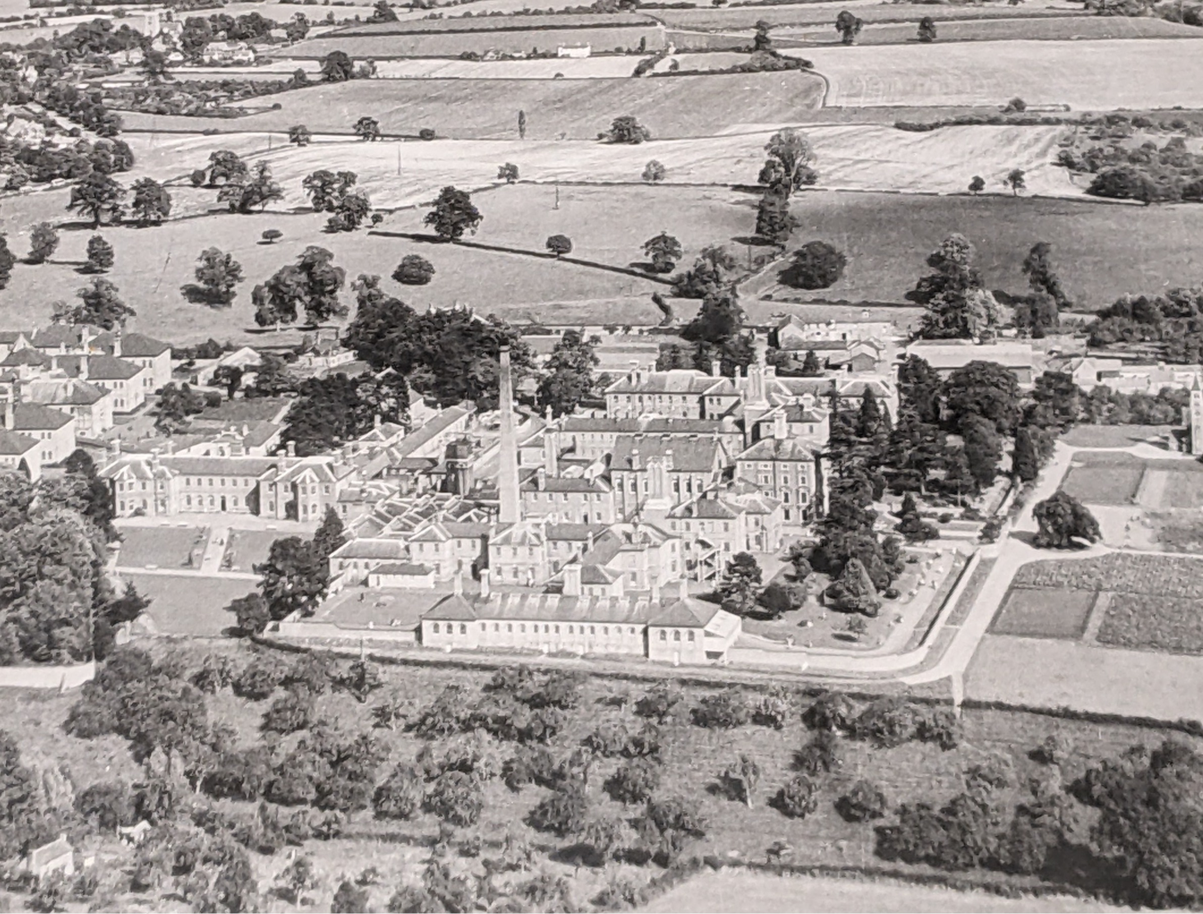 Black and white aerial photo showing extensive buildings at Powick Hospital
