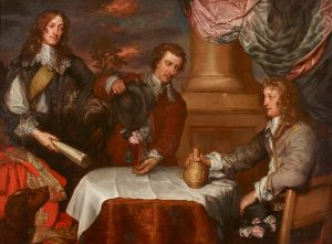 Painting by three men sat and stood around a table 