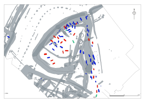 Map showing burials, colour coded with red representing alternative burials.