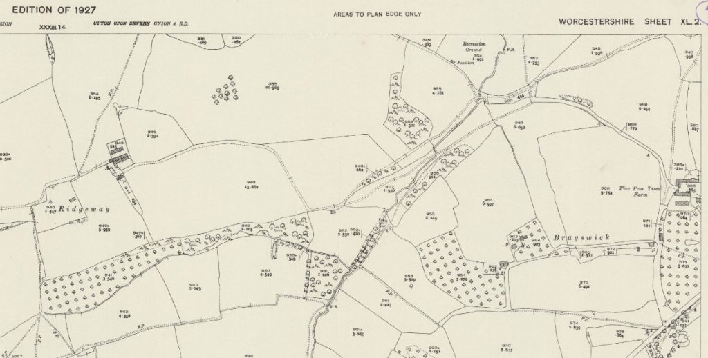 Part of an Ordnance Survey Map of Worcestershire showing fields and boundaries in particular the locations of Ridgeway Farm and Five Pear Trees which was land cultivated for Powick Hospital
