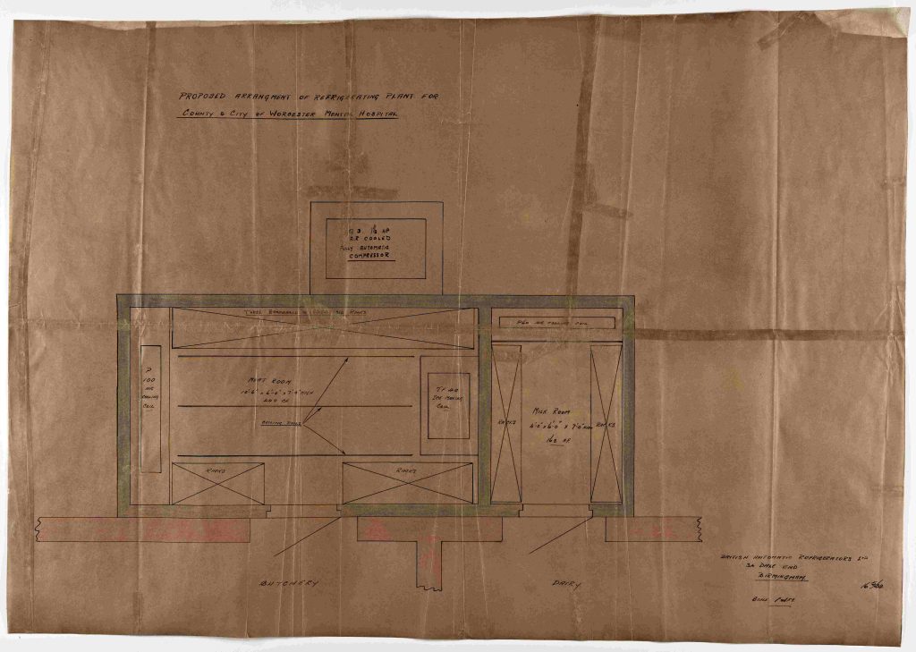 Coloured drawing on tracing paper showing a refrigerator unit for Powick Hospital dated to the 20th century