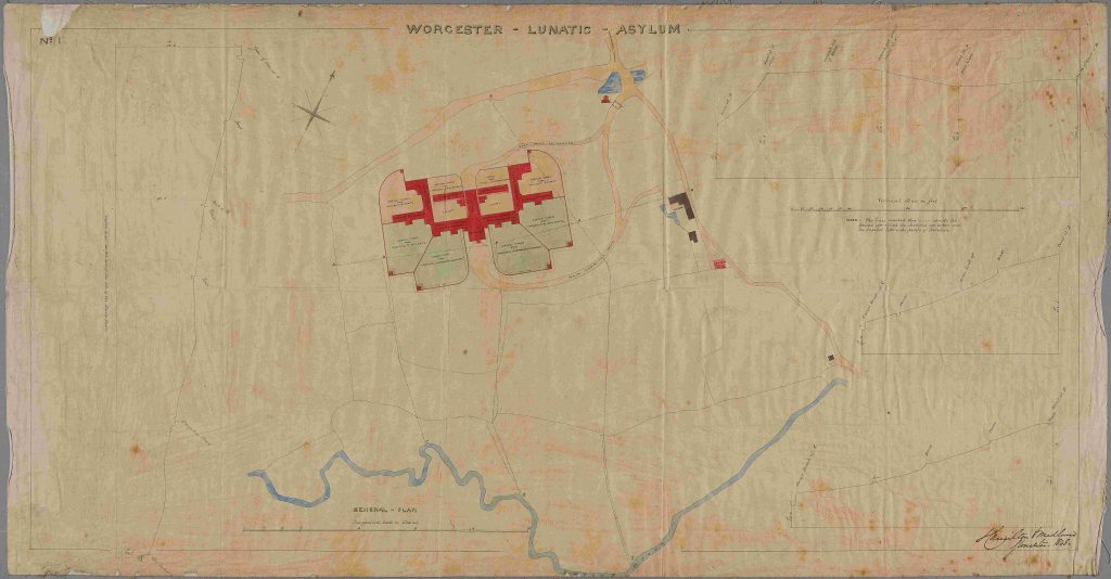 Coloured drawing in pen and ink on linen paper showing a plan of Powick Hospital, formerly Powick Asylum