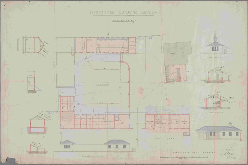 Coloured drawing of plan on paper of farm buildings at Powick Hospital dated to 1853