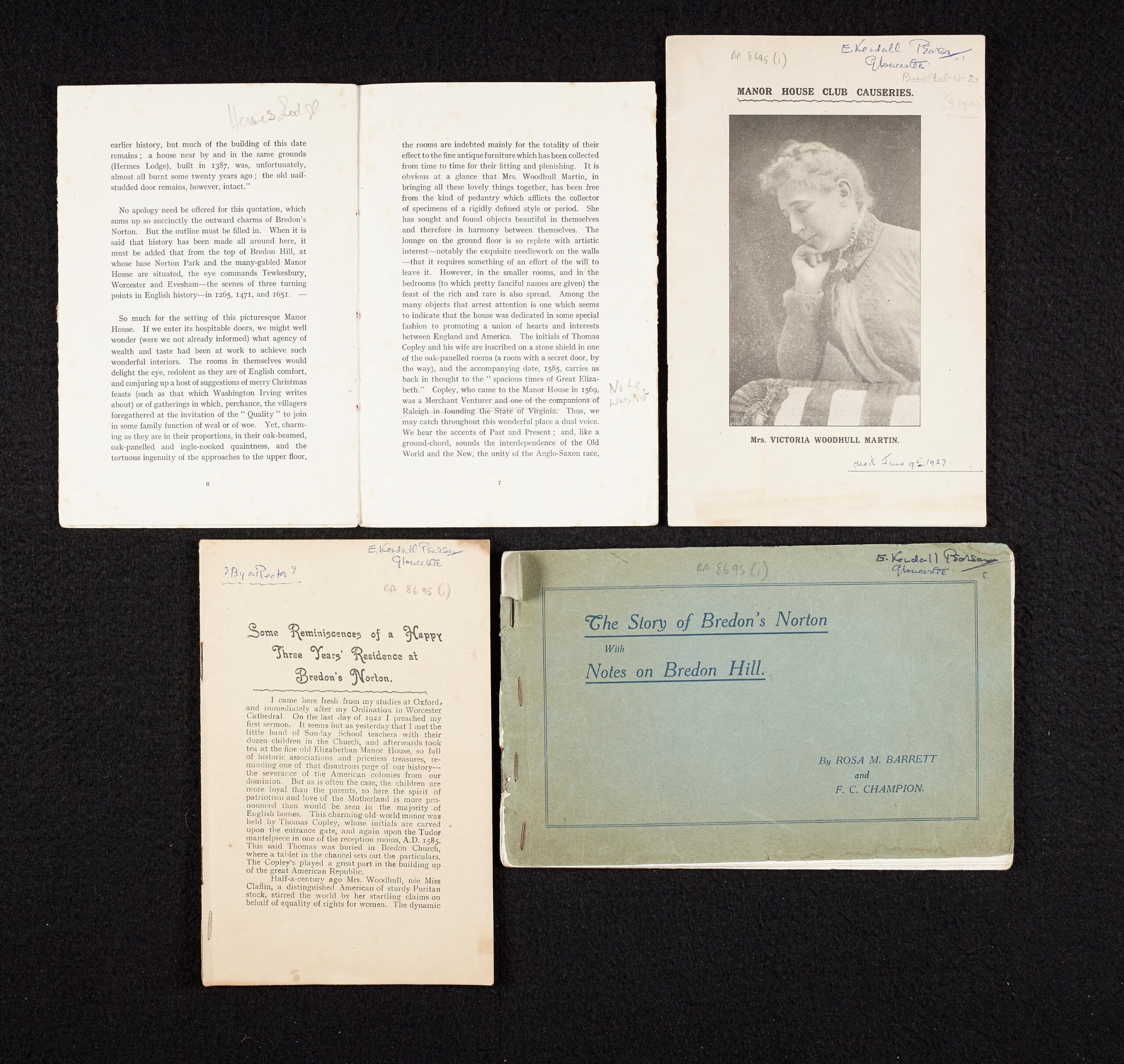 4 pamphlets, one green bound, the others yellowing paper, on a black background. Titles "Manor House Club Causeries"; "The Story of Bredon Norton with Notes on Bredon's Hill"; "Some Reminiscences of a Happy Three Years' Residence at Bredon Norton", and [Two American Shrines: Sulgrave Manor and Bredon's Norton]. All [c1920].