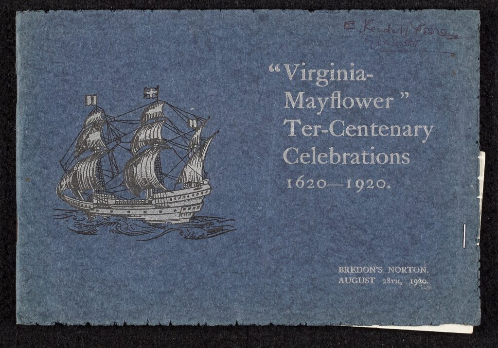 A pamphlet, silver text on blue paper binding, black surface in background. ""Virginia- Mayflower" Ter-Centary Celebrations 1620-1920. Bredon's Norton. August 28th, 1920."