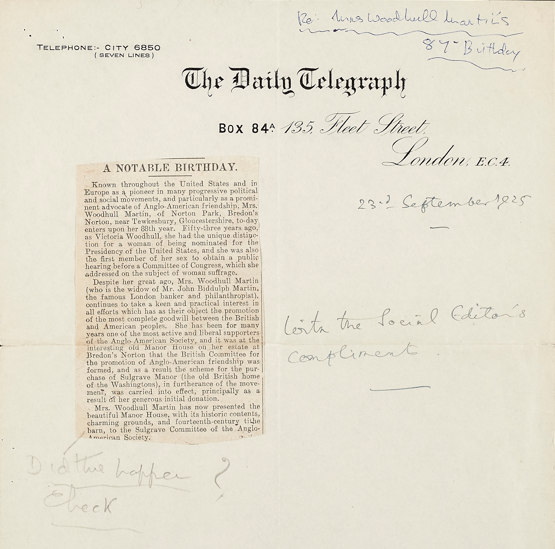 Newspaper cutting, in serif font, stuck to paper headed Daily Telegraph, Box 84a, Fleet Street, London, E.C.4. Nespaper cutting title reads "A Notable Birthday".