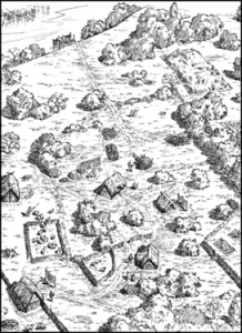 Artist Steve Smith’s reconstruction of the Early Medieval/ Early to Mid Anglo-Saxon settlement at Saxon Lodes Farm, Ryall Quarry, Ripple.