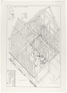 A pencil drawing of a timber framed building.