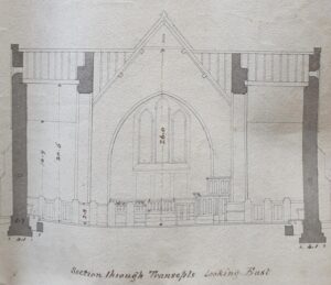 A pencil drawing of part of Far Forest church.