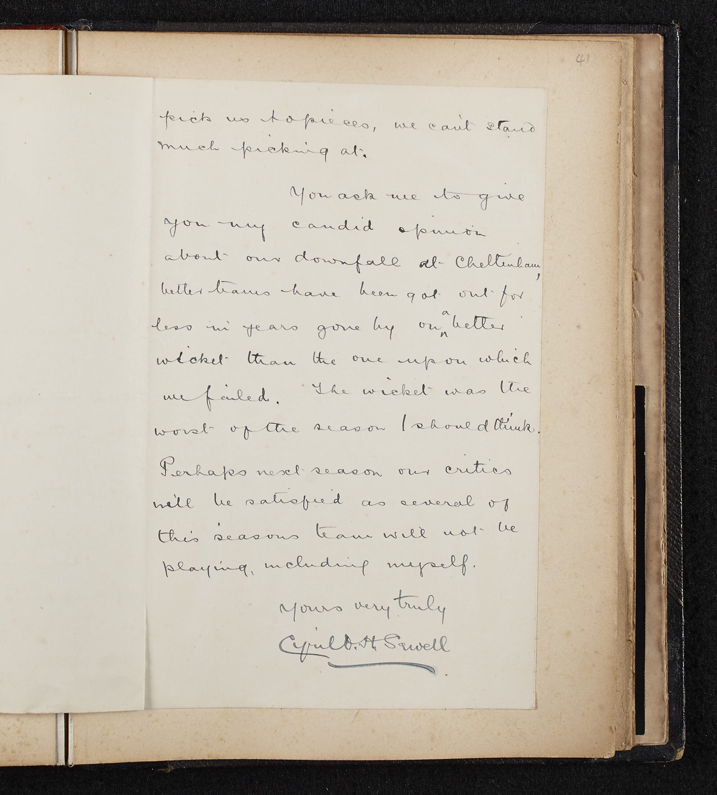 Handwritten text, black ink on paper. Paper stuck onto a page of a book. Responding to a letter from Miss Bomford, expressing frustration with "fair weather fans", but saying that Gloucestershire's fans will be pleased because he won't be playing next year