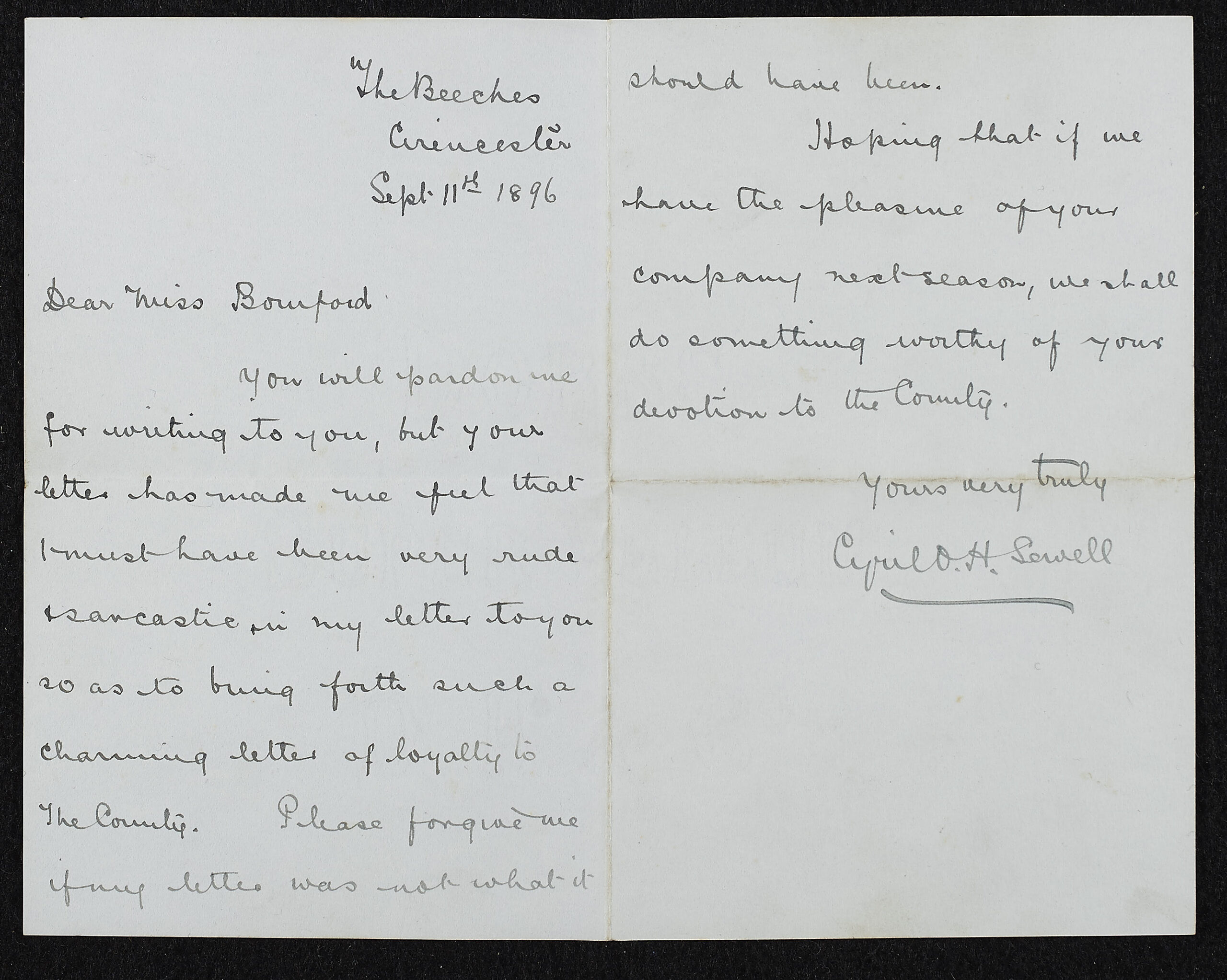 Handwritten text, black ink on paper. Sewell apologises for his previous letter, and hopes Gloucestershire will have better performances next season