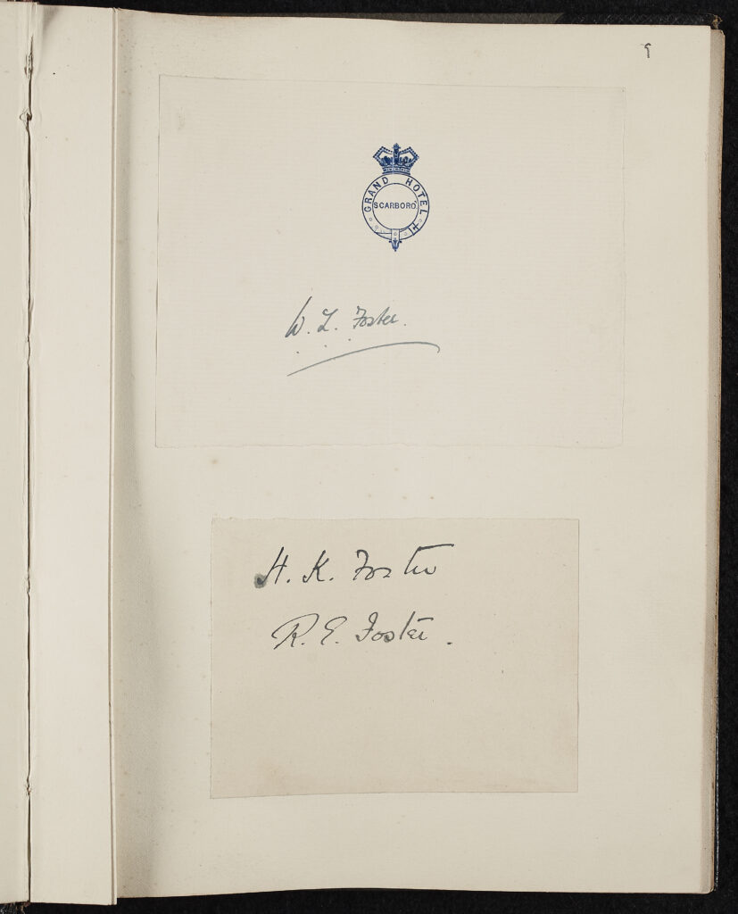 Three autographs, handwritten, black ink on paper. On two cards stuck one above the other, two names on the bottom card, onto a book page. W.L. Foster H.K. Foster R.E. Foster