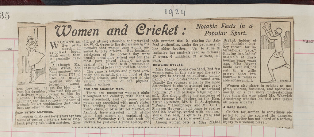 Newspaper cutting, black print on paper. From 1924. Regarding female cricketers: their history, famous examples, and opposition to their participation