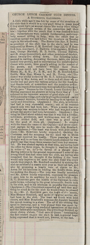 Newsprint. Title: "Account of Church Lench Cricket Club Dinner - a Successful Gathering"