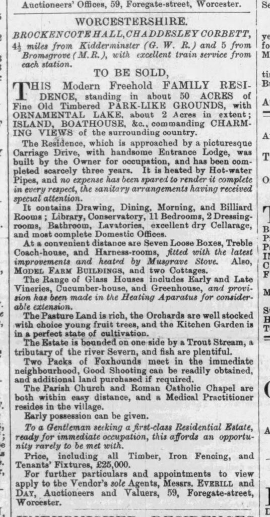 Digitised image of advert held in The Worcester Herald dated to 1885 describing the sale of Brockencote Hall © Newsquest