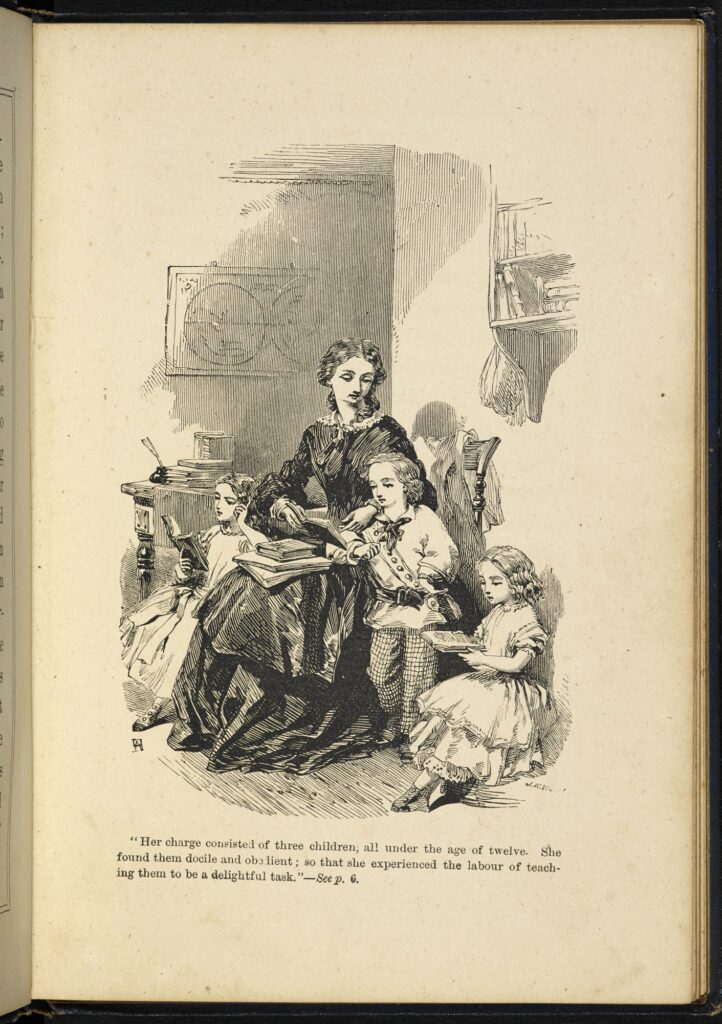 Engraving on paper showing a Governess teaching her three pupils, including a young boy, from the fictional story The Governess, or the Missing Pencil-Case dated to around 1875