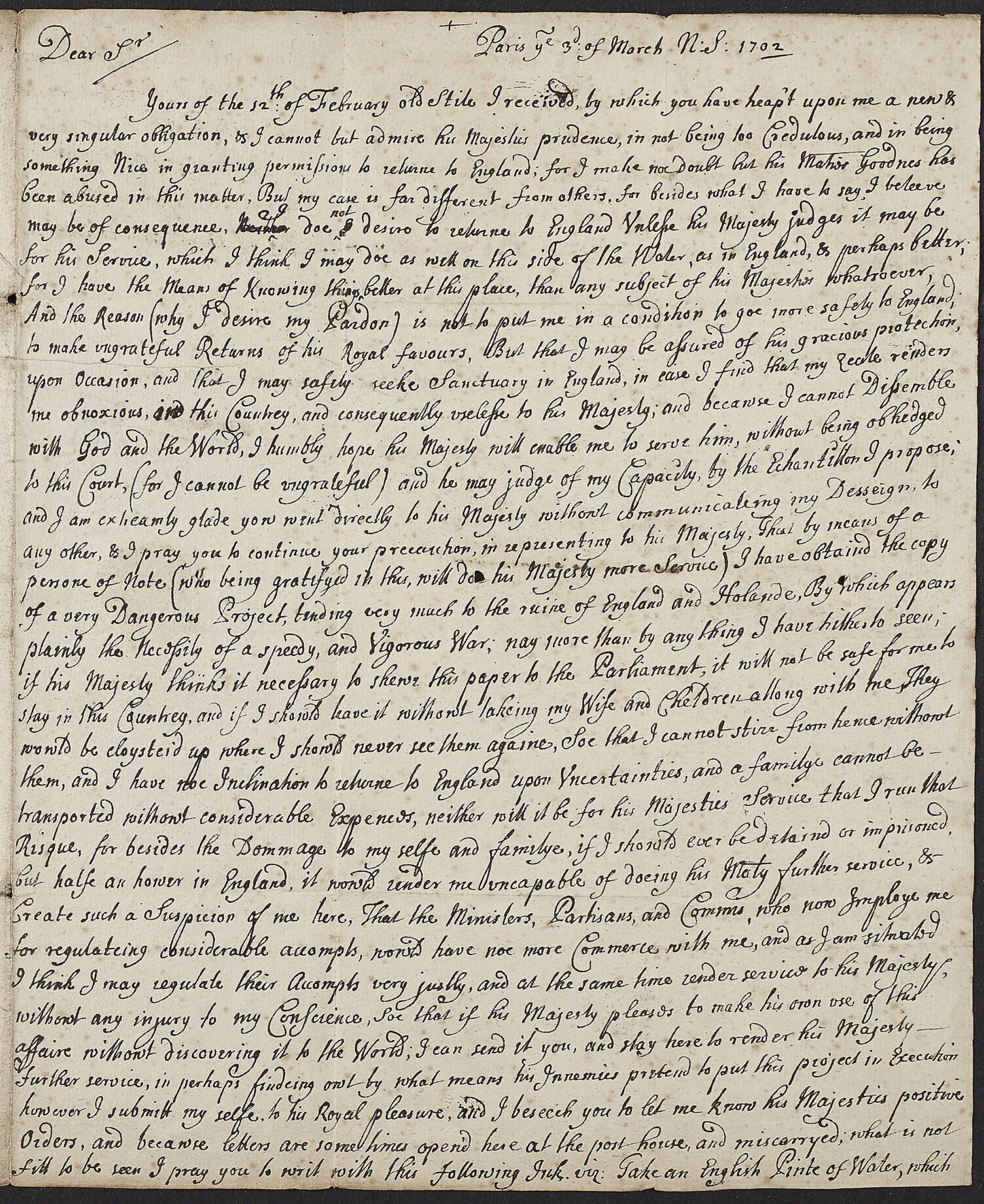 Handwritten text in black ink on paper, with dark red/brown wax seal. Letter from [John Glover] to Caspar Frederick Henning, discussing Glover's hoped for reconciliation with the King [William III] and a purported French plan to attack England. Final line is the first part of a recipe for invisible ink.