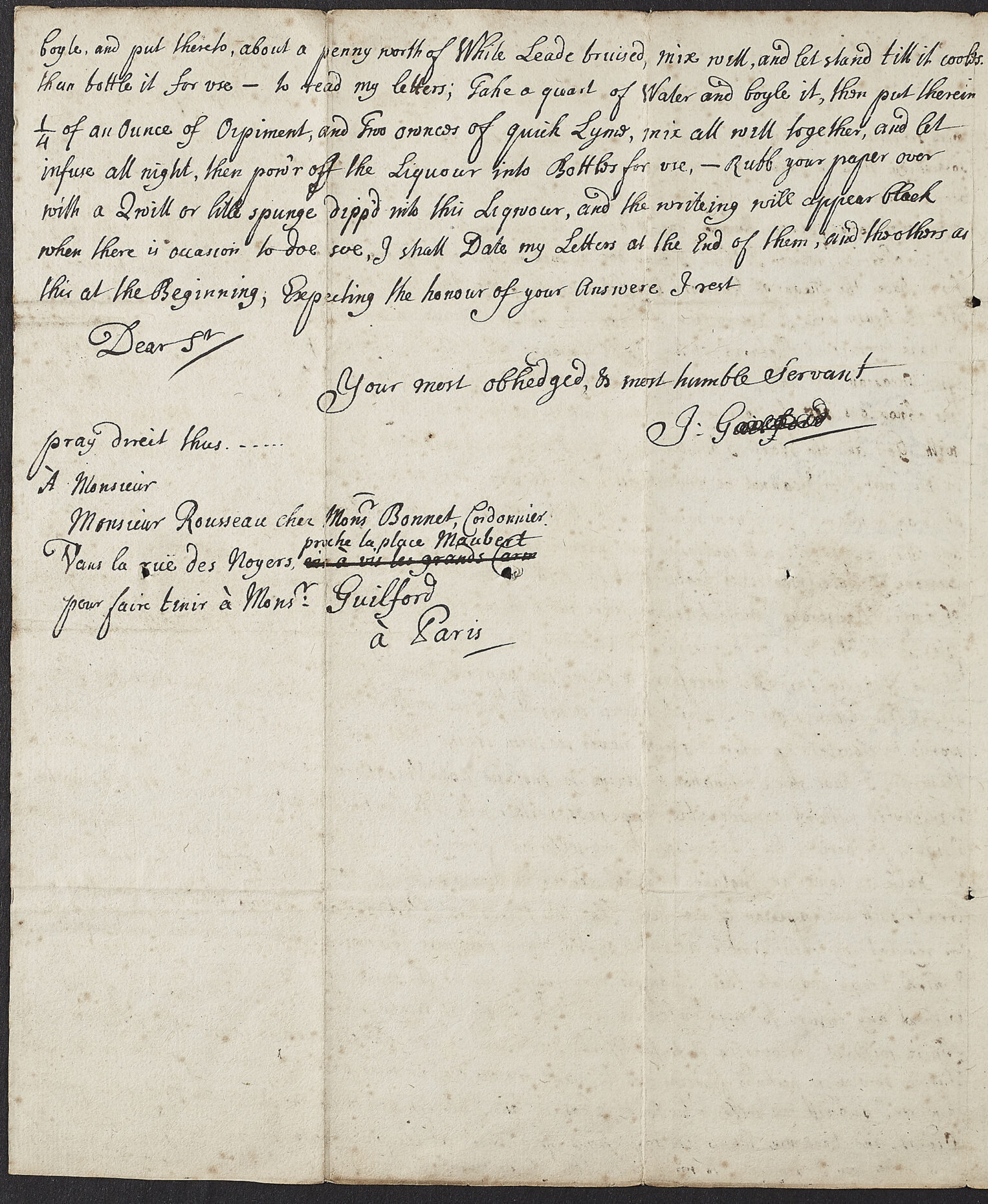 Handwritten text in black ink on paper. Letter from [John Glover] to Caspar Frederick Henning second page. Includes a recipe for invisible ink.