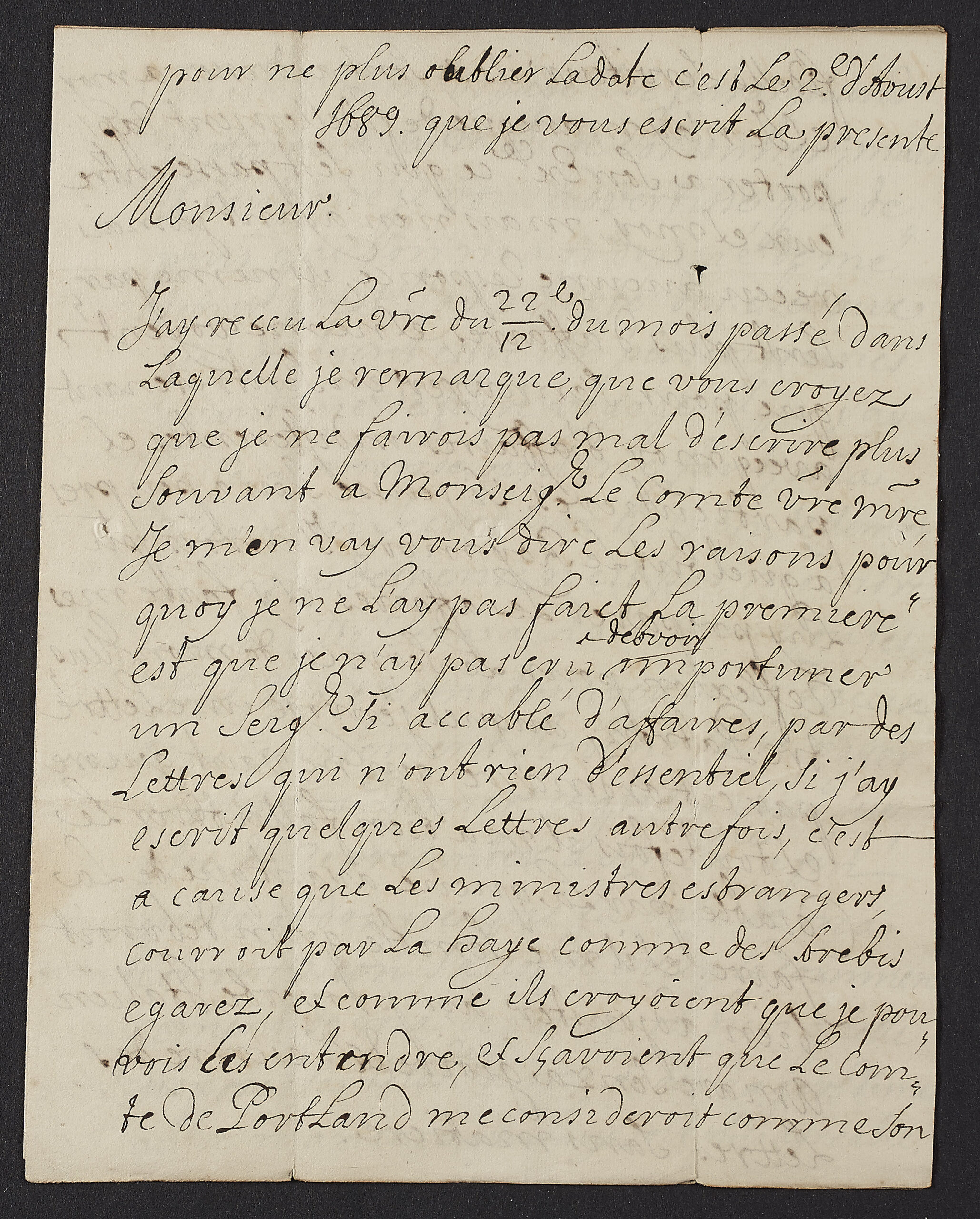 Handwritten letter, black ink on paper. In French. Dated 2nd August 1689.